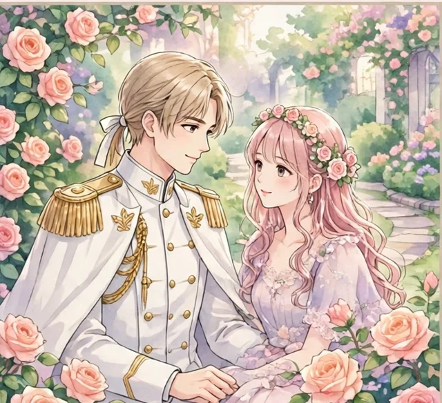 薔薇園で寄り添う公爵と令嬢のイラスト