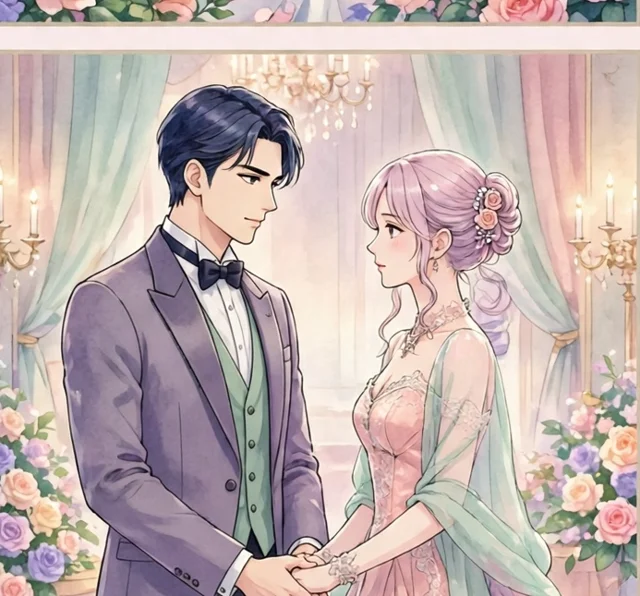 舞踏会で手を取り合う男女のイラスト