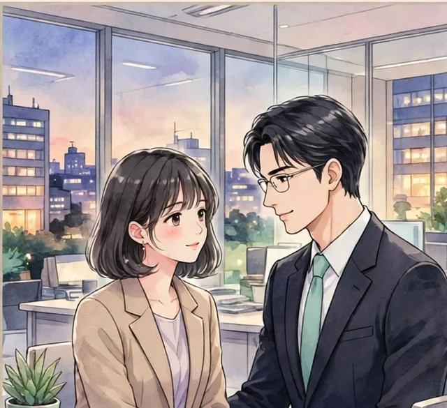 夕方のオフィスで見つめ合う男女のイラスト