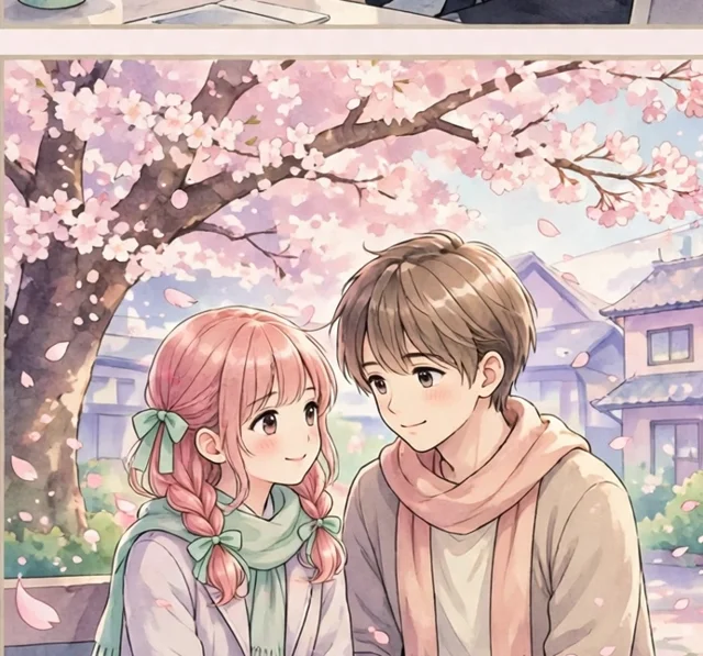 桜の下で微笑み合う幼なじみのイラスト