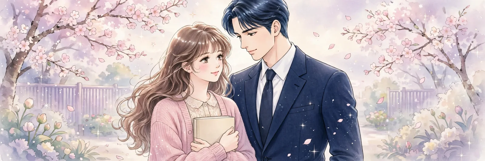 桜の下で寄り添う男女のイラスト